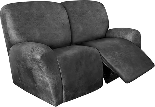 ANARACHON Loveseat Recliner Cover Leather Look Recliner Loveseat Covers Recliner Sofa Cover for 2 Seater Reclining Couch Spandex Fabric Washable 6 Pieces (2 Seater, 02 Light Grey)