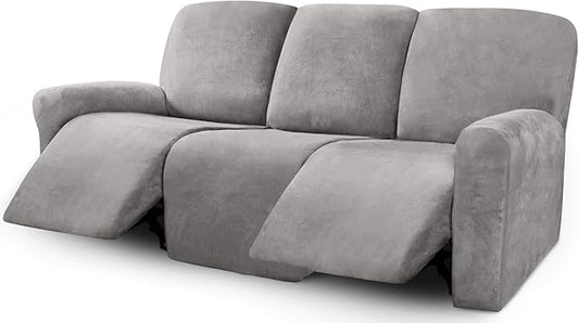 ULTICOR Velvet 8-Pieces Recliner Sofa Covers Stretch Reclining Couch Covers for 3 Cushion Reclining Sofa Slipcovers Furniture Covers Thick Soft Washable (3 Seater Recliner Cover, Light Grey)