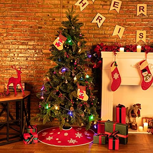 48 Inch Red Burlap Christmas Tree Skirt with White Snowflakes - Image 5