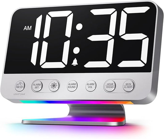 Odokee Digital Alarm Clocks for Bedrooms: Easy to Read Across The Room | Large Bold Number 5 Brightness Dimmer - 8 Night Light 5 Sound - Loud Alarm for Heavy Sleepers with Adjustable Volume - Silver by Odokee