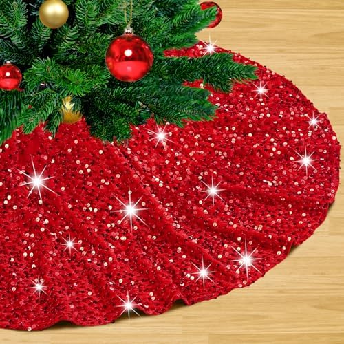 Red Tree Skirt Sequin 36 Inch Tree Skirt Sparkle Embroidered Velvet Christmas Tree Skirt Xmas Tree Ornament Christmas Tree Decor by LJIE-House