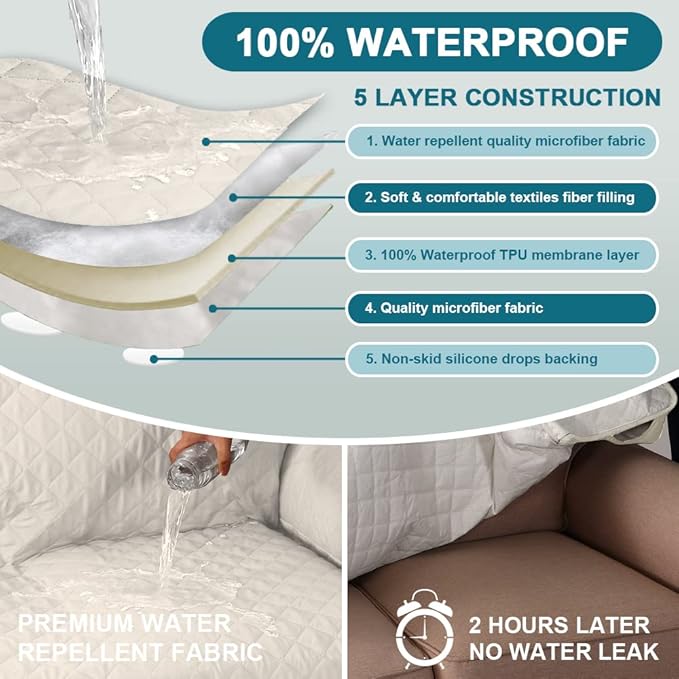 Turquoize 100% Waterproof Sofa Covers Chair Cover Slipcover Couch Protector Triple Non-Slip Sofa Slipcover for 1 Cushion Furniture Protector for Pets, Kids,Dog (Chair 23", Ivory)