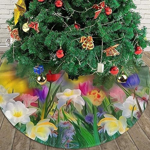 Summer Colorful Flowers Tree Skirts Xmas Ornaments, Spring Floral Tree Mat for Christmas Party Holiday All Occasions 48" - Image 5