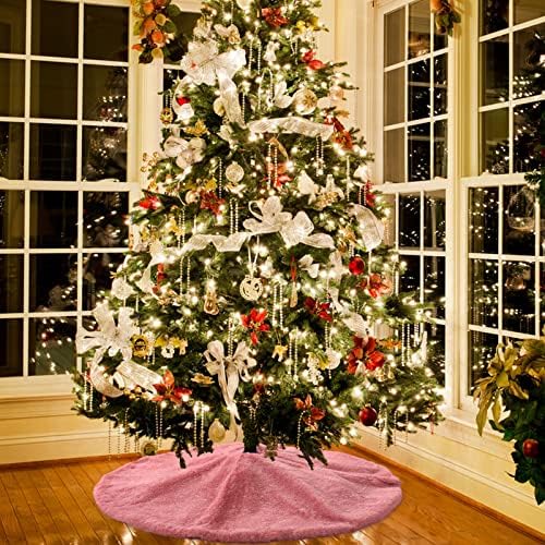 Christmas Tree Skirt 30 inch Pink Faux Fur Soft Fluffy Ornaments Xmas Tree Skirts for Xmas Tree Ornaments and Party Holiday Decorations - Image 2