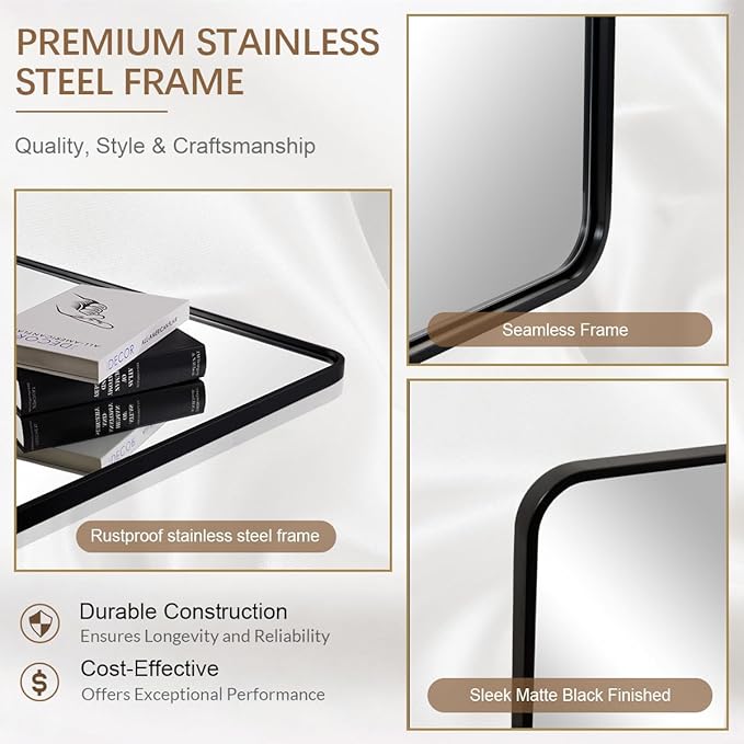 ANDY STAR 24x36 Inch Black Bathroom Mirror, Rounded Rectangle Mirrors for Bathroom Vanity Tube Metal Framed Wall-Mounted Vertically/Horizontally for Home Decor