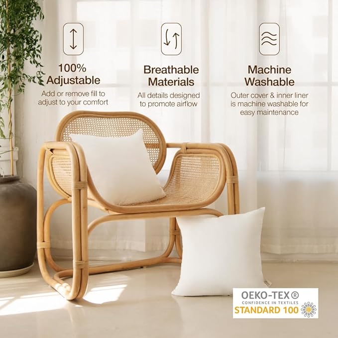 Coop Home Goods Essence Adjustable Throw Pillow Inserts 20x20, Set of 2, Adjustable Down Alternative Cushions for Couch, Bed, or Chair, Decorative Square Pillows for Living Room, Oeko-Tex Certified