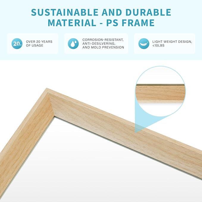 Oak Wood Effect Framed Wall Mirror, 36x40 Rectangle Mirror, Anti-desilvering Tempered Glass, Sustainable& Sturdy Frame, Farmhouse Mirror, Anti-Rust, 3min Fast Setup for Bathroom Living Room