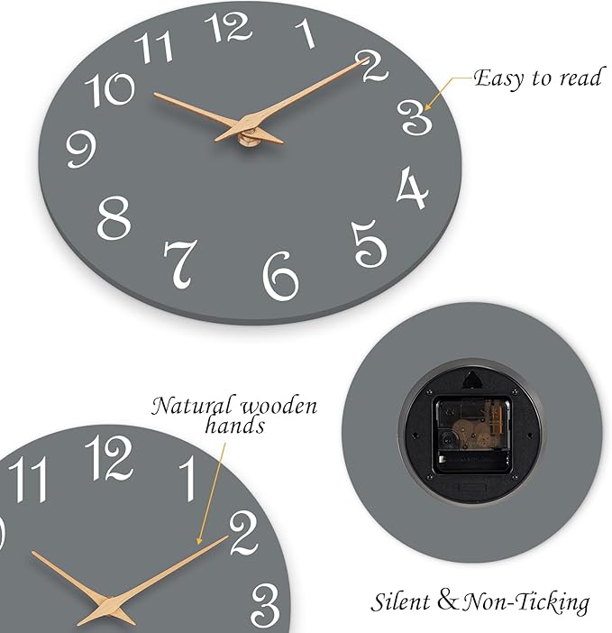 Wall Clock 12 Inch, Modern Wall Clocks Battery Operated, Silent Non Ticking Clock Decorative for Living Room, Office, Bedroom, Home, School (Gray)