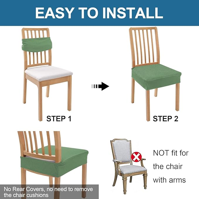 Smiry Waterproof Seat Covers for Dining Room Chairs Set of 6, Stretch Jacquard Removable Washable Chair Seat Slipcovers Protector, No Rear Covers, Green