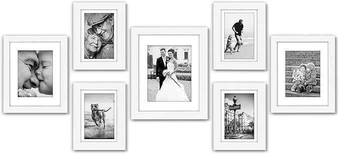 Americanflat Set of 7 Picture Frames with Shatter-Resistant Glass - Gallery Wall Frame Set with One 11x14, Two 8x10 and Four 5x7 Frames - Signature Collection - White