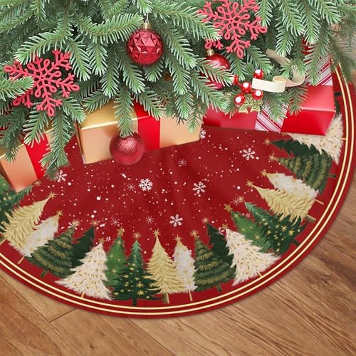 Red Christmas Decorations Trees Skirts 48 Inch Watercolor Xmas Tree Snowflakes Tree Skirt Mat Decor for New Year Festive Farmhouse Winter Holiday Party Ornament - Image 2