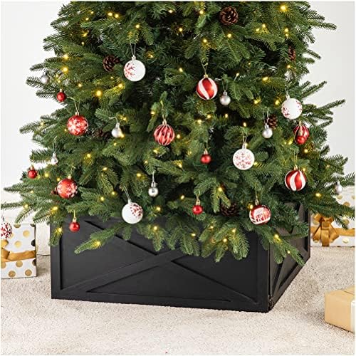 Glitzhome Christmas Tree Collar, Tree Collars for Artificial Trees, 22" L Washed Black Wooden Tree Collar Christmas Tree Base Cover Tree Skirt Collar for 7.5ft Tree by Glitzhome