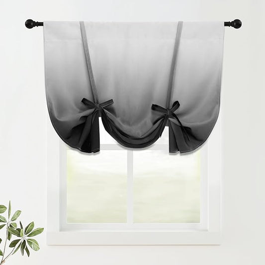 COSVIYA 100% Blackout Ombre Black Adjustable Tie Up Curtains for Kitchen Thermal Insulated Room Darkening Valance Rod Pocket Balloon Roman Shade for Small Window,48" L x 34" W, 1 Panel