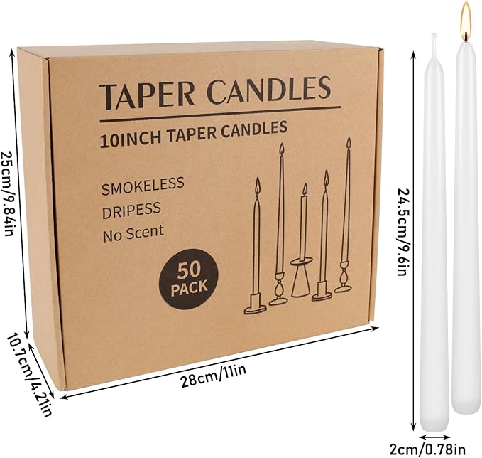 50 Pack White Taper Candles - 10 Inch Classic Unscented Dinner Candles, Dripless Pure White Paraffin Wax with Cotton Wicks, 8-Hour Burn Time for Wedding, Christmas & Formal Dining Decor