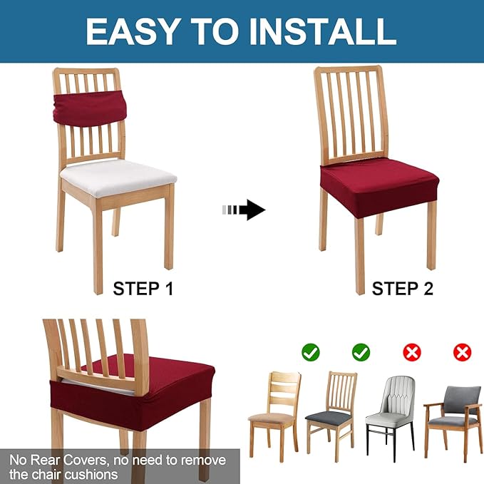 Smiry Waterproof Seat Covers for Dining Room Chairs Set of 4, Stretch Jacquard Removable Washable Chair Seat Slipcovers Protector, No Rear Covers, Wine Red