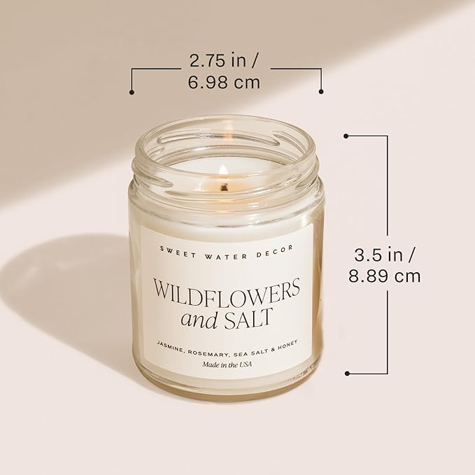 Sweet Water Decor Spa Day Soy Candle - Sea Salt, Jasmine, Wood and Cream Scented Spring Candles for Home - 9oz Clear Jar + Gold Lid, 40+ Hour Burn Time, Made in The USA