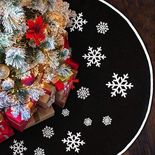 30 Inch Black Burlap Christmas Tree Skirt with White Snowflakes - Image 2