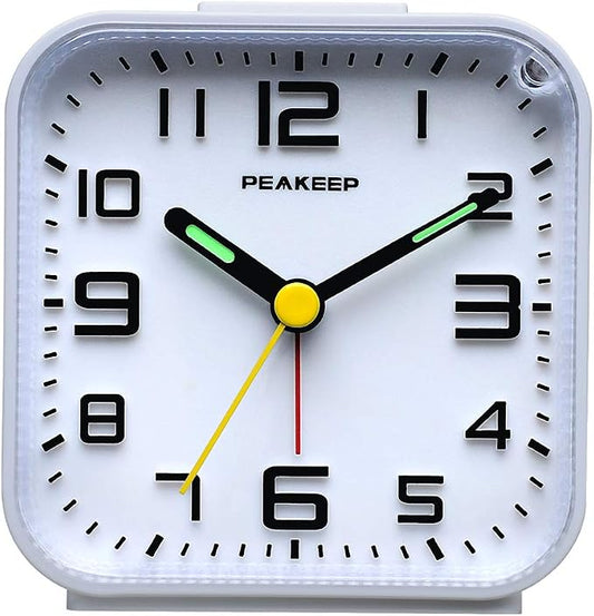 Peakeep 3D Numbers No Tick-Tock Analog Alarm Clock Classic Beep Sound | Snooze, Manual Light and Battery Powered Small for Travel (White-3D) by PEAKEEP