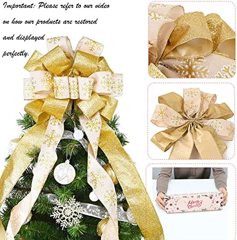 Christmas Tree Topper, 40x13 Inches Toppers Bow with Glitter Satin Mesh Streamer and Patterned Ribbon, Christmas Tree Topper Bow for Christmas Home Decoration (White) - Image 5