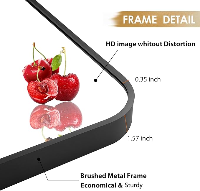 20x28 Inch Black Wall Mirror for Bathroom, Brushed Metal Framed Mirror with Rounded Corner, Rectangle Bathroom Vanity Mirror for Bedroom or Living Room, Horizontal/Vertical