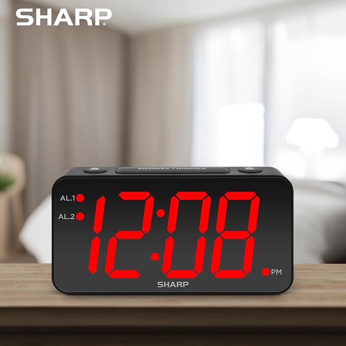 Sharp Digital Alarm Clock, 3" Jumbo Red LED, Dual Alarm, Battery Backup - Image 7