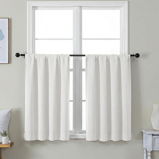 Simplebrand Ava Ivory Short 36 Inches Light Filtering Curtain 2 Panels Set, Half Window Rod Pocket Privacy Curtain Tiers for Kitchen, Curtains Light Filtering for Bathroom, W40 x L36 Inch, Ivory