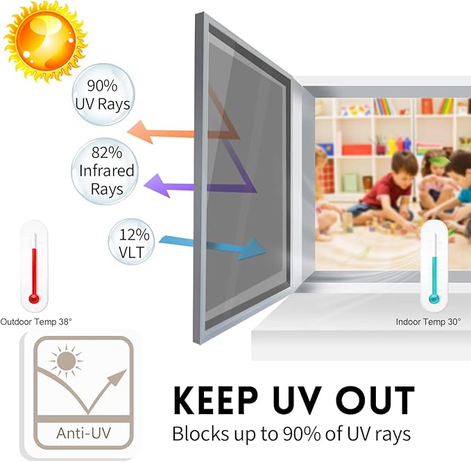 KESPEN Window Film One Way Daytime Privacy Static Cling Heat Control Glass Window Tint Mirror House Film, Black-Silver, 35.4 Inch X 26.2 Feet