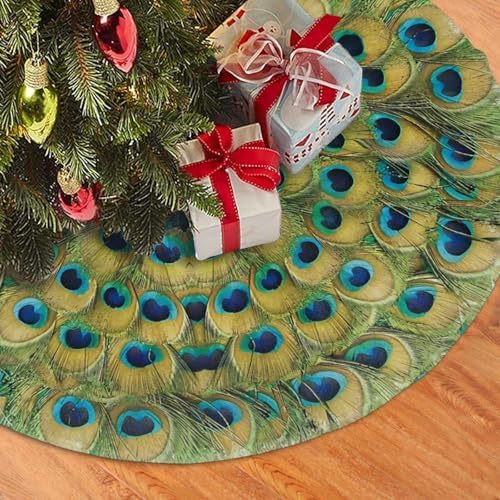 Peacock Feathers Circle Christmas Tree Skirt 48" for Xmas Halloween New Year Holiday Party Home Tree Mat Decor Ornaments Decoration - Image 3