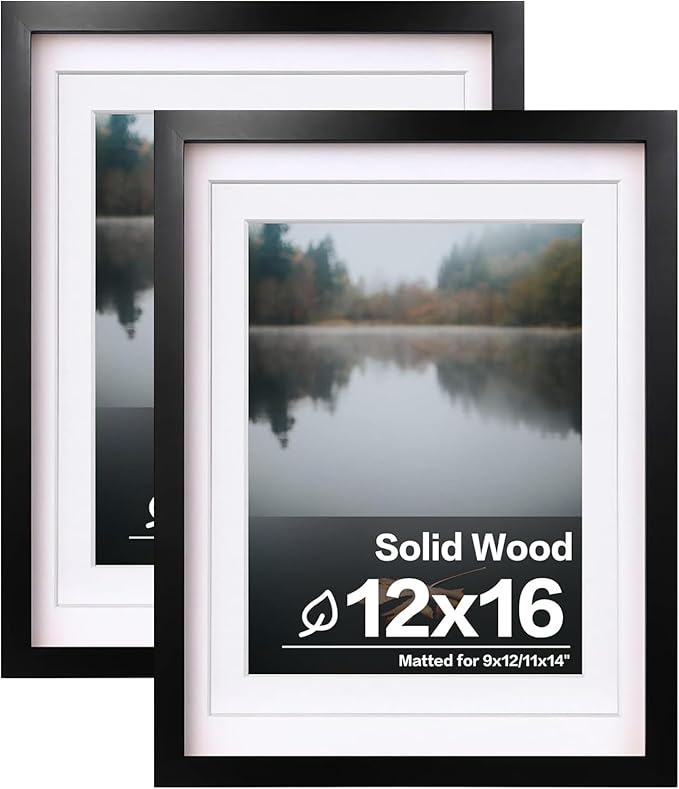 Egofine 12x16 Picture Frames Black Set of 2, Solid Wood Frames Covered by plexiglass, Display photos 9x12/11x14 with Mat or 12x16 without mat, for Wall Mounting
