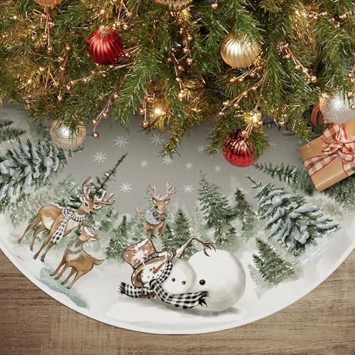 AVOIN colorlife Snowman Reindeer Snowflake Christmas Tree Skirt 48 Inch, Winter Holiday Tree Mat Decoration by AVOINcolorlife