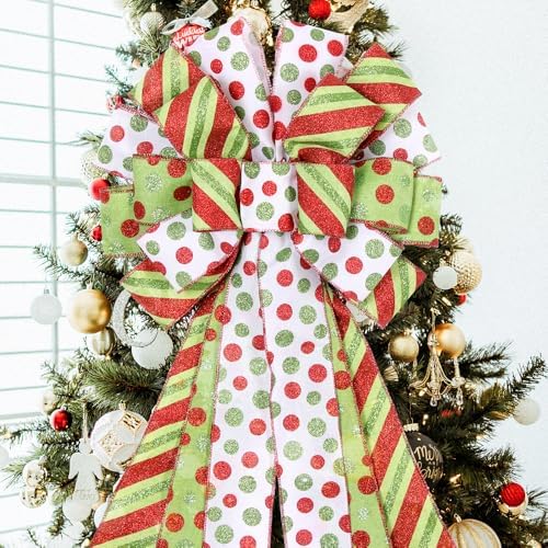 Christmas Tree Topper Wreath Bow Large Green Christmas Bow Tree Topper, 45"x13" Red Green Dot Polyester Gift Ribbon for Xmas Ornament Holiday Home Wedding Thanksgiving Indoor/Outdoor Decoration - Image 3