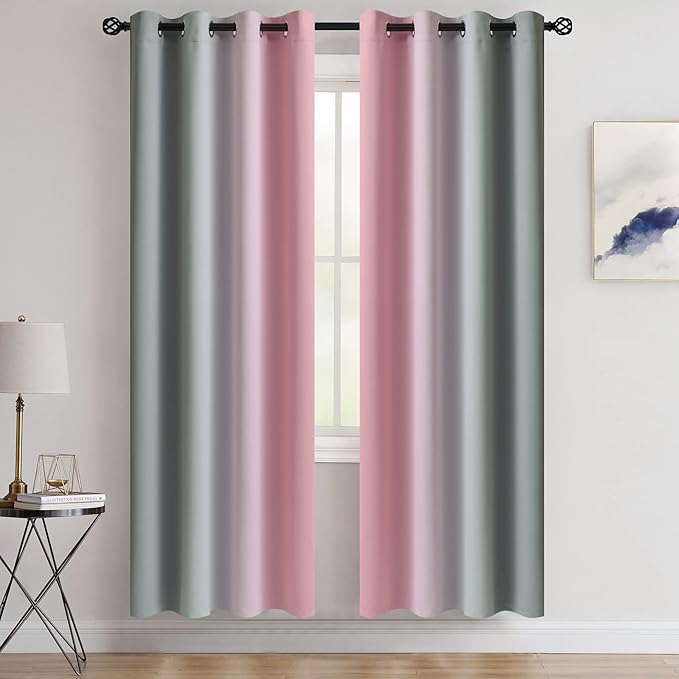 COSVIYA Grommet Ombre Room Darkening Curtains 72 inches Length for Kids/Girls Bedroom, Polyester Light Blocking Pink and Grey Gradient Window Drapes/Curtains for Living Room,2 Panels, 52x72 inches
