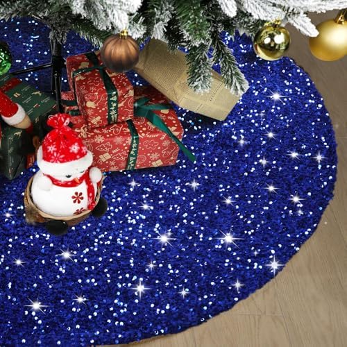 Christmas Tree Skirt 48 Inch, Blue Sequin Christmas Trees Skirt, Large Sparkle Xmas Tree Stand Base Used for Christmas Holiday Indoor Home Decoration by MerryChristmas