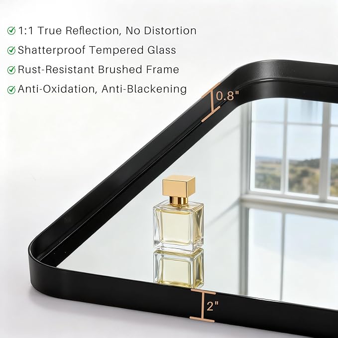 Bathroom Mirror 30x22 Inch Black Metal Frame Rectangle Vanity Mirror with Rounded Corners, Modern Wall Mounted Anti-Rust Mirror for Farmhouse, Restroom, Entryway, Horizontal or Vertical Hanging