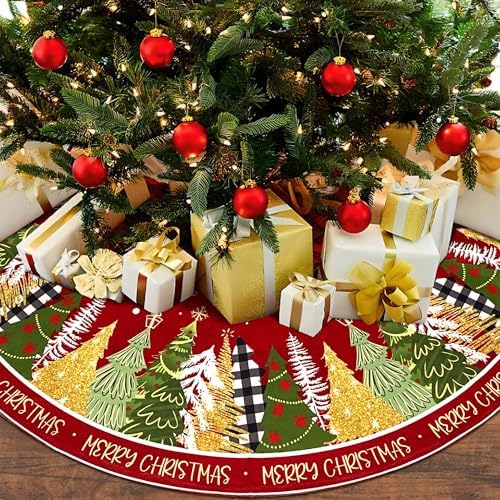 Merry Christmas Snowflake Red Christmas Tree Skirt 36 Inch, Winter Xmas Tree Mat Decorations for Home Party Holiday Decorations by Lumiprinta