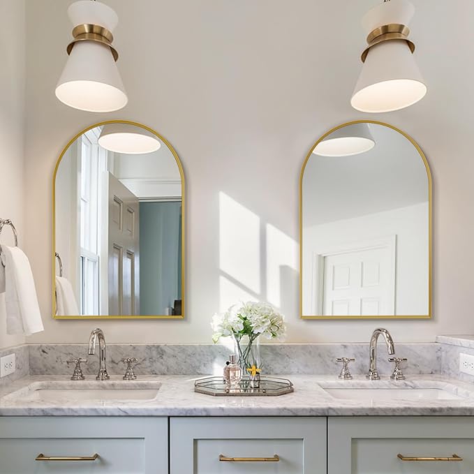 Large Gold Arched Mirror, 30" x 40" Modern Brushed Metal Frame Arch Wall Decorative Mirror, Arched Top Bathroom Vanity Mirror for Living Room Bedroom Hallways Entryway