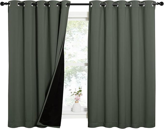 NICETOWN Dark Mallard 100% Blackout Lined Curtains, 2 Thick Layers Completely Blackout Window Treatment Thermal Insulated Drapes for Kitchen/Bedroom (1 Pair, 62" Width x 63" Length Each Panel)