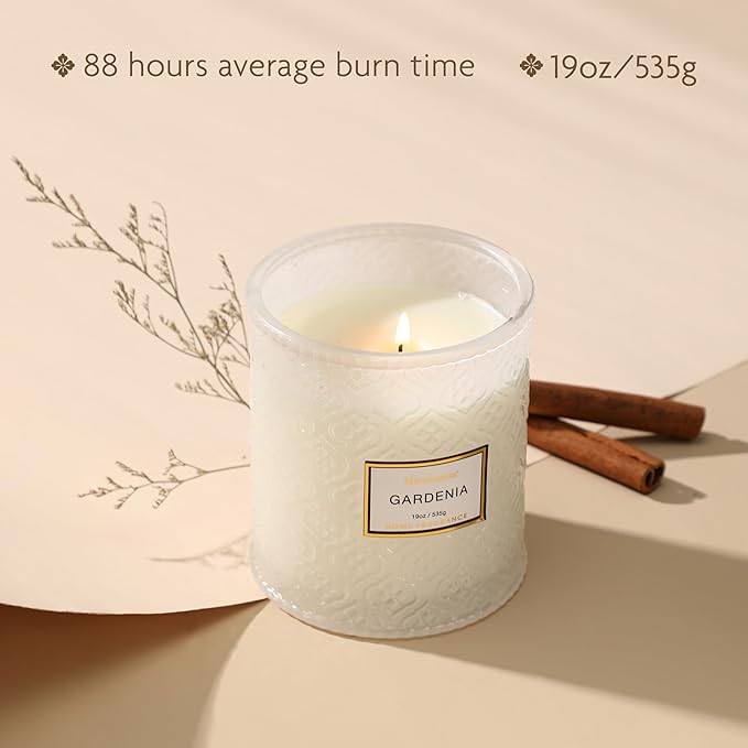 Gardenia Scented Candles, 19oz Aromatherapy Christmas Winter Candles Gifts for Women, White Luxury Large Decorative Candle in Glass, Natural Soy Wax for Home