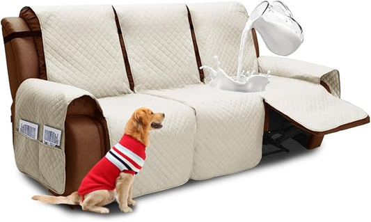 XINEAGE Water Resistant Recliner Cover, 3 seat Recliner Sofa Covers with Pockets, Quilted Thick Recliner Protector Cover for Dog Pets with Non Slip Backing and Strap (Recliner Sofa, Beige)