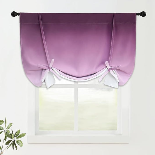 COSVIYA 100% Blackout Ombre Purple Adjustable Tie Up Curtains for Kitchen Thermal Insulated Room Darkening Valance Rod Pocket Balloon Roman Shade for Small Window,48" L x 42" W, 1 Panel