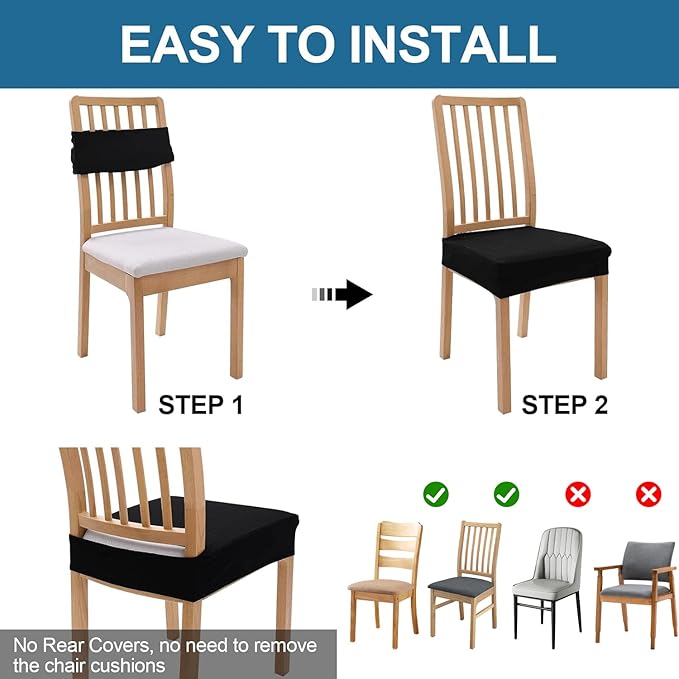 Smiry Waterproof Seat Covers for Dining Room Chairs Set of 2, Stretch Jacquard Removable Washable Chair Seat Slipcovers Protector, No Rear Covers, Black