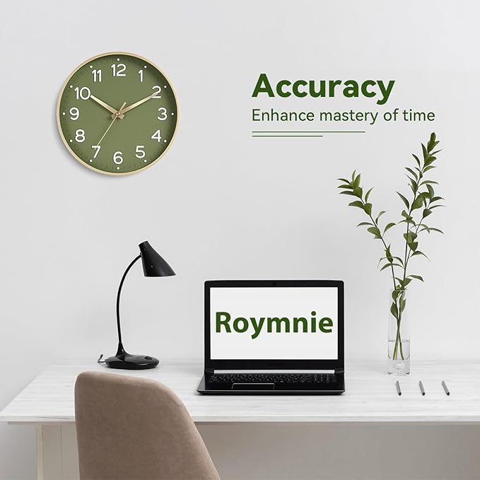 Wall Clock 14 Inch Silent Green Wall Clocks Battery Operated- Modern Non Ticking Analog Clock Decorative for Living Room Bedroom Office Kitchen(Gold)