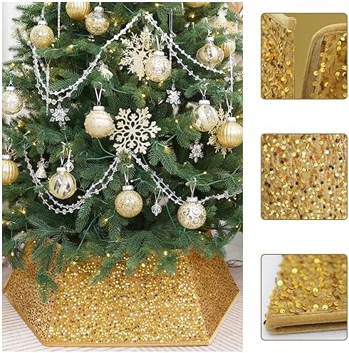 Gold Christmas Tree Collars for Atificial Trees, 33.5 Inch Sparkling Sequins Christmas Skirt, Base Cover,Holiday Home Decor Ring(Large) - Image 4