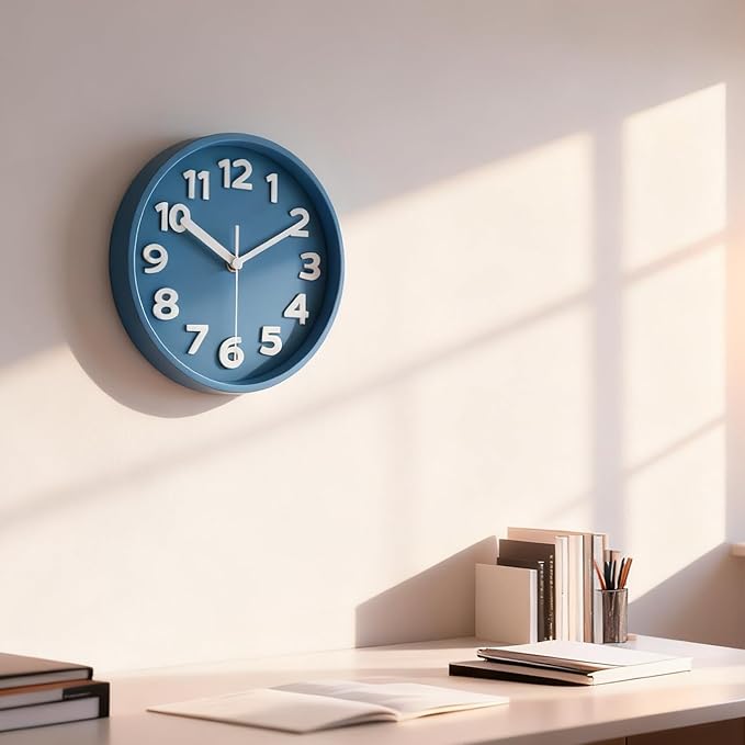 45MinST 8-Inch Blue Modern Wall Clock ?€? Silent Non-Ticking, 3D Large Numbers, Accurate Timekeeping | Decorative Wall & Desk Clock with Stand for Living Room, Bedroom, Kitchen, or Office