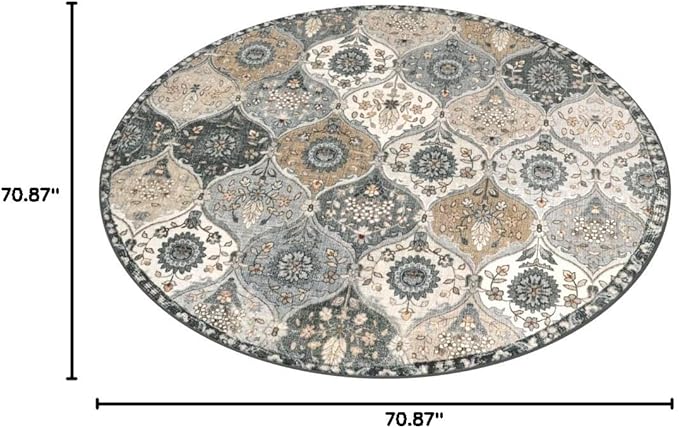 Lahome Moroccan Trellis Washable Round Area Rug, Soft Round Rugs 6ft Ultra-Thin Non-Slip, Vintage Large Circle Carpet for Bedroom Living Room Kitchen Nursery Elise, Grey