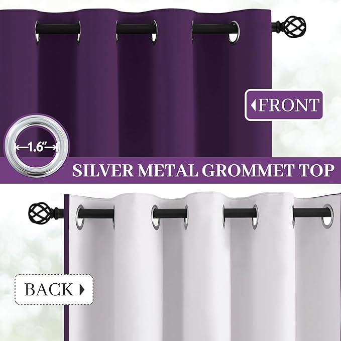Yakamok Room Darkening 100% Blackout Curtains Grommet Window Treatments with 2 Thick Layers-Purple Thermal Insulated Drapes Set of 2 Panels for Bedroom Living Room 38 Inches by 72 Inches Length