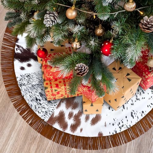 Shappy Western Christmas Tree Skirt 48 Inch Cows Print Tree Skirts Decorations Cowboy Christmas Skirt with Tassel Decorations Mats for Xmas Party Holiday Ornament Home(Classic) - Image 4