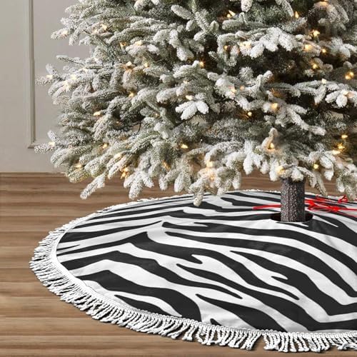 Christmas Tree Skirt 48" Inch Black and White Zebra Print Xmas Tree Skirt Mat with White Tassel for Party Holiday, Tree Skirt Christmas Decorations by GHYGTY