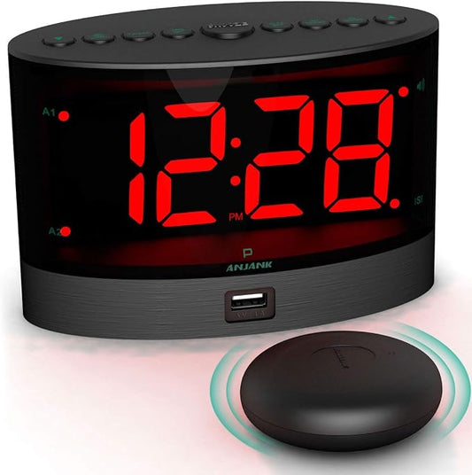 ANJANK Extra Loud Alarm Clock for Heavy Sleepers, Wireless Bed Shaker, Vibrating Dual Alarm, Deaf and Hearing-impaired, Adjustable Volume/Dimmer/Wake up Mode, USB Charger Port by ANJANK