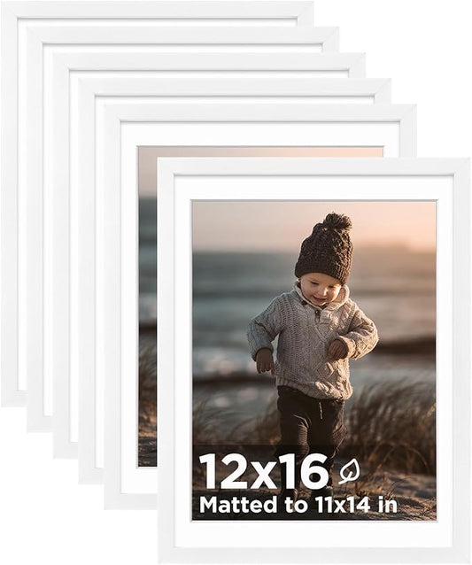 KINLINK 12x16 Picture Frame White, Wooden 16x12 Photo Frames with Plexiglass for 11x14 Picture with Mat or 12x16 Without Mat, Perfect for Art Wall Gallery and Tabletop Display 12 x 16 frame Set of 6